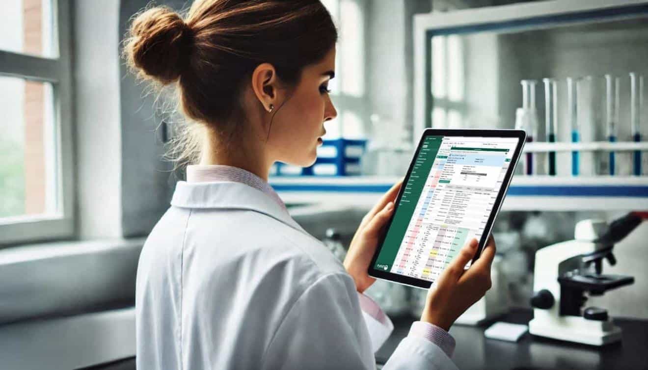 Ein Wissenschaftler verwendet die PyRAT-Anwendung auf einem Tablet, um Daten von Tierhaltungsbetrieben zu verwalten und zu analysieren.